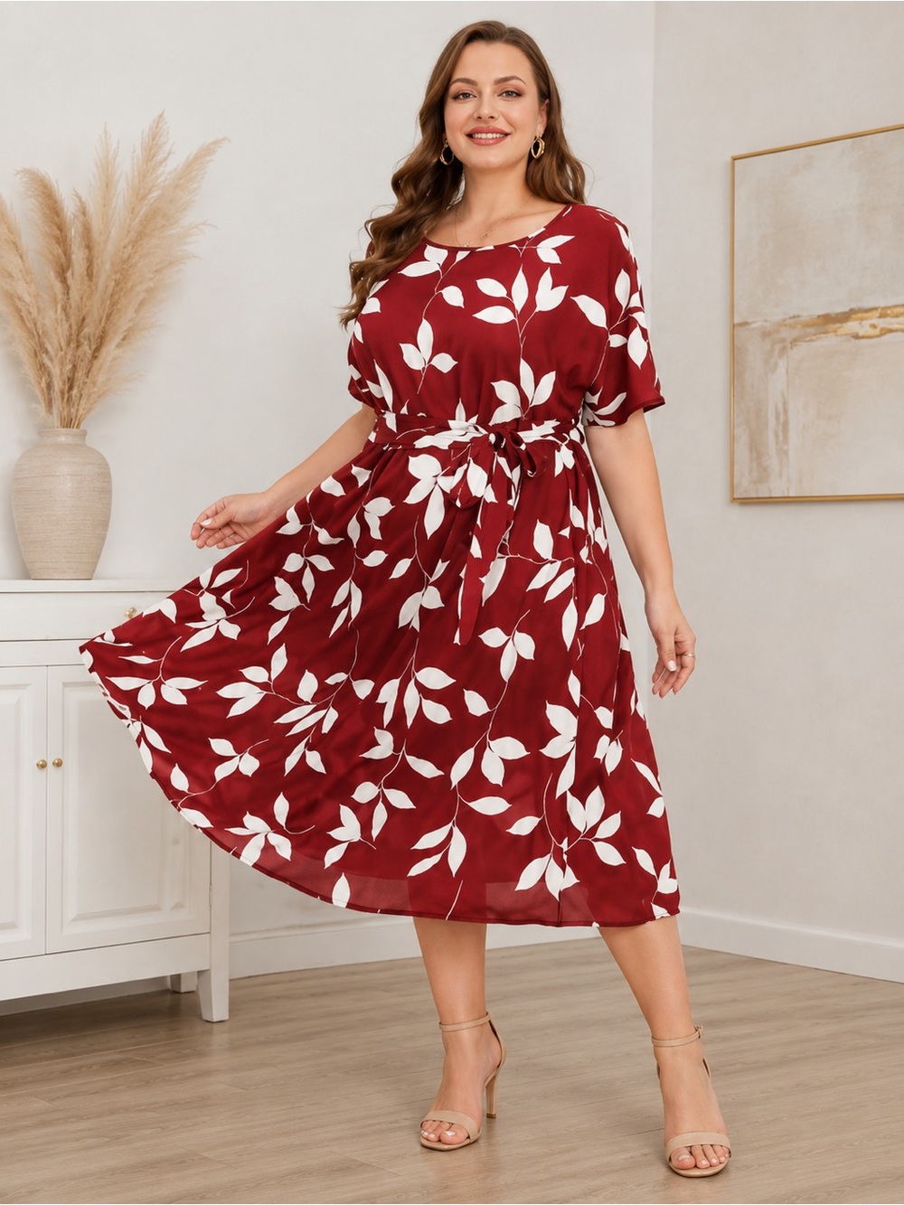 🩷. 26. 🟰. Plus Size Red & White Leaf Print Midi Dress with Tie Waist